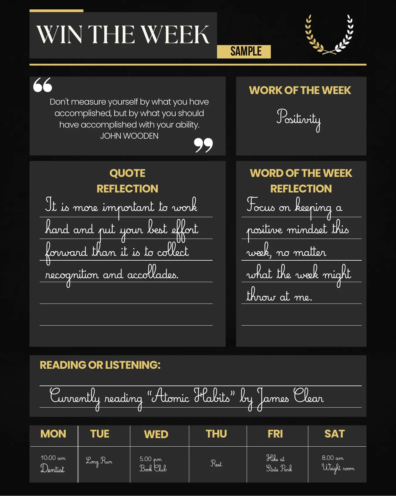 Win the Week page with weekly quote, word of the week, reflections, and weekly schedule