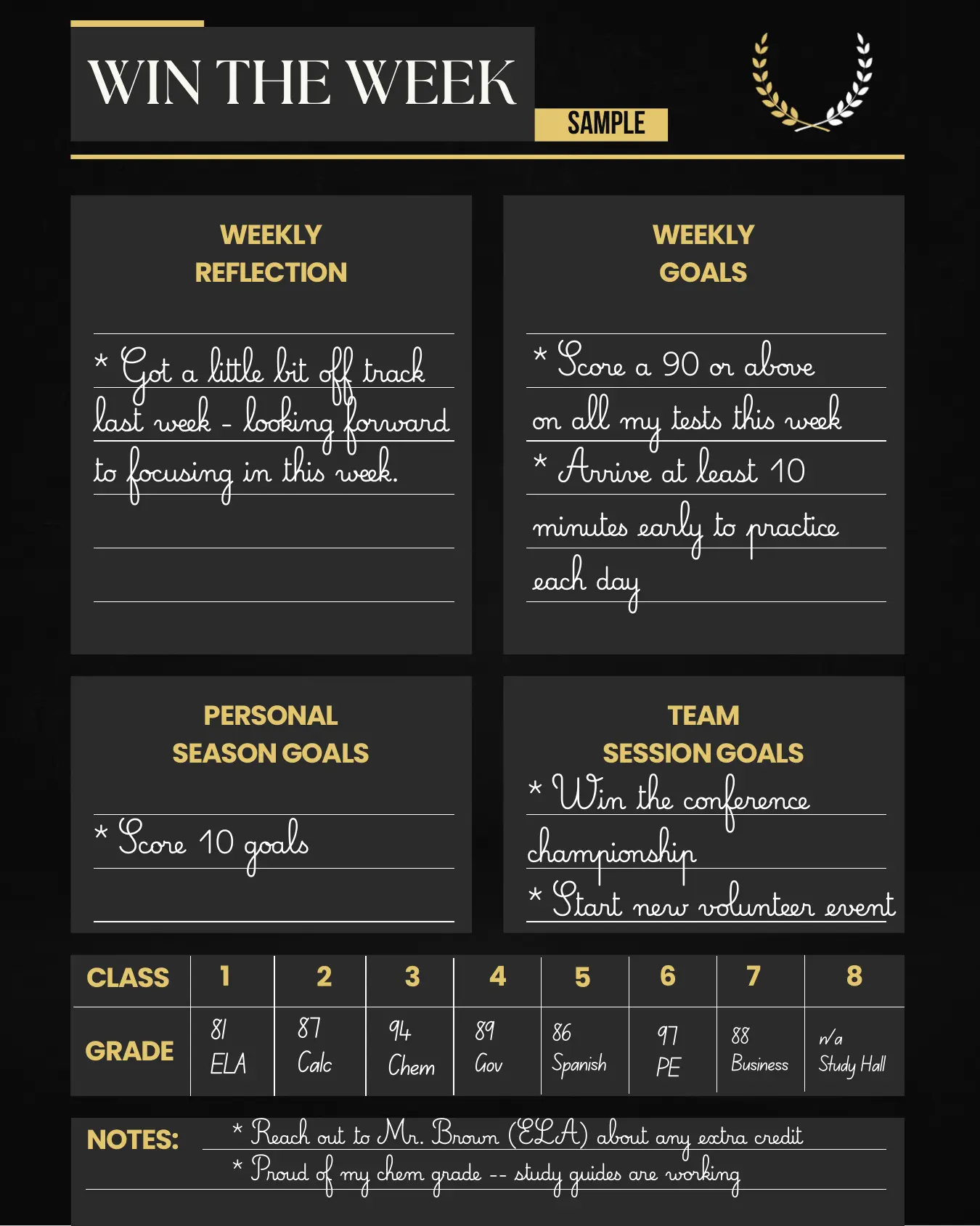 Win the Week goals page with weekly reflection, season goals, and grade check-in