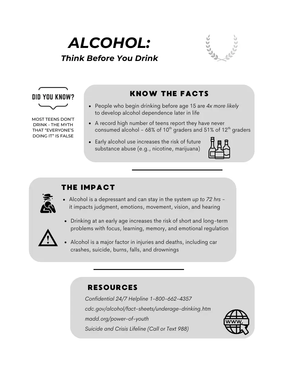 Alcohol page with statistics on teen drinking and support resources